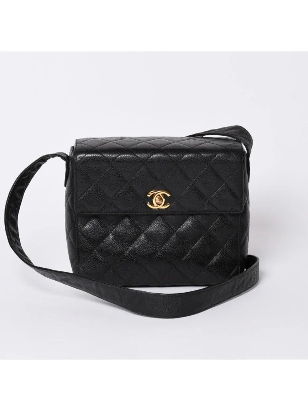 Chanel Shoulder Bag CC Logo Caviar Leather Black Quilted Gold